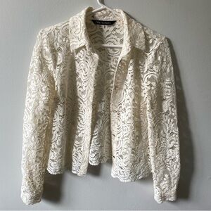 ZARA Cream Ivory Lace Button Down Polo Jacket size XS